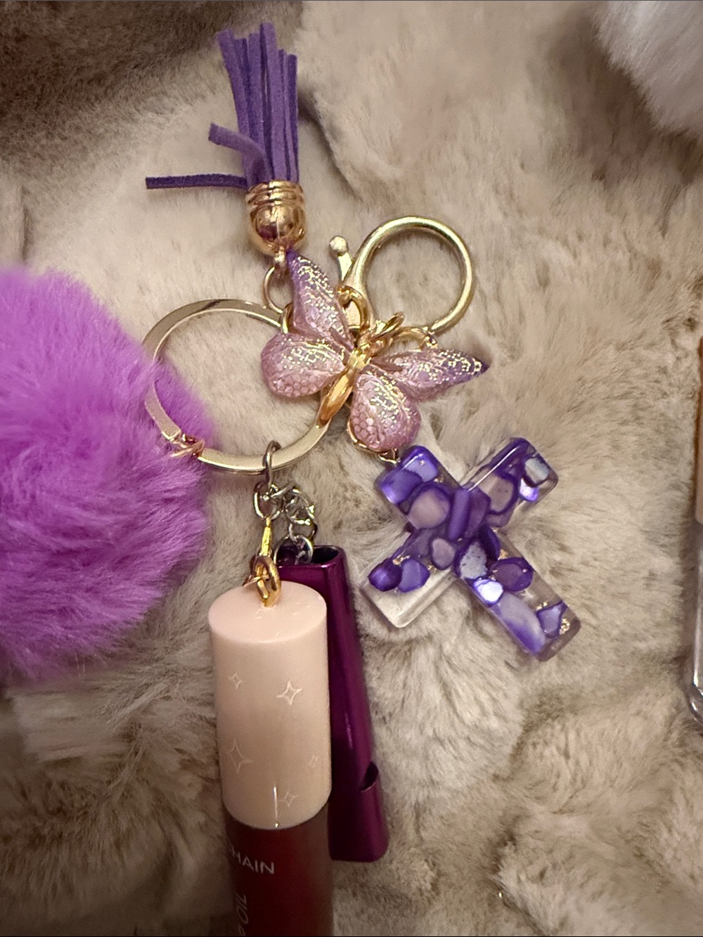 Keychain- Gold-Tone Butterfly & Marble Cross Keychain Charm with Pom Pom - Picture 5 of 6